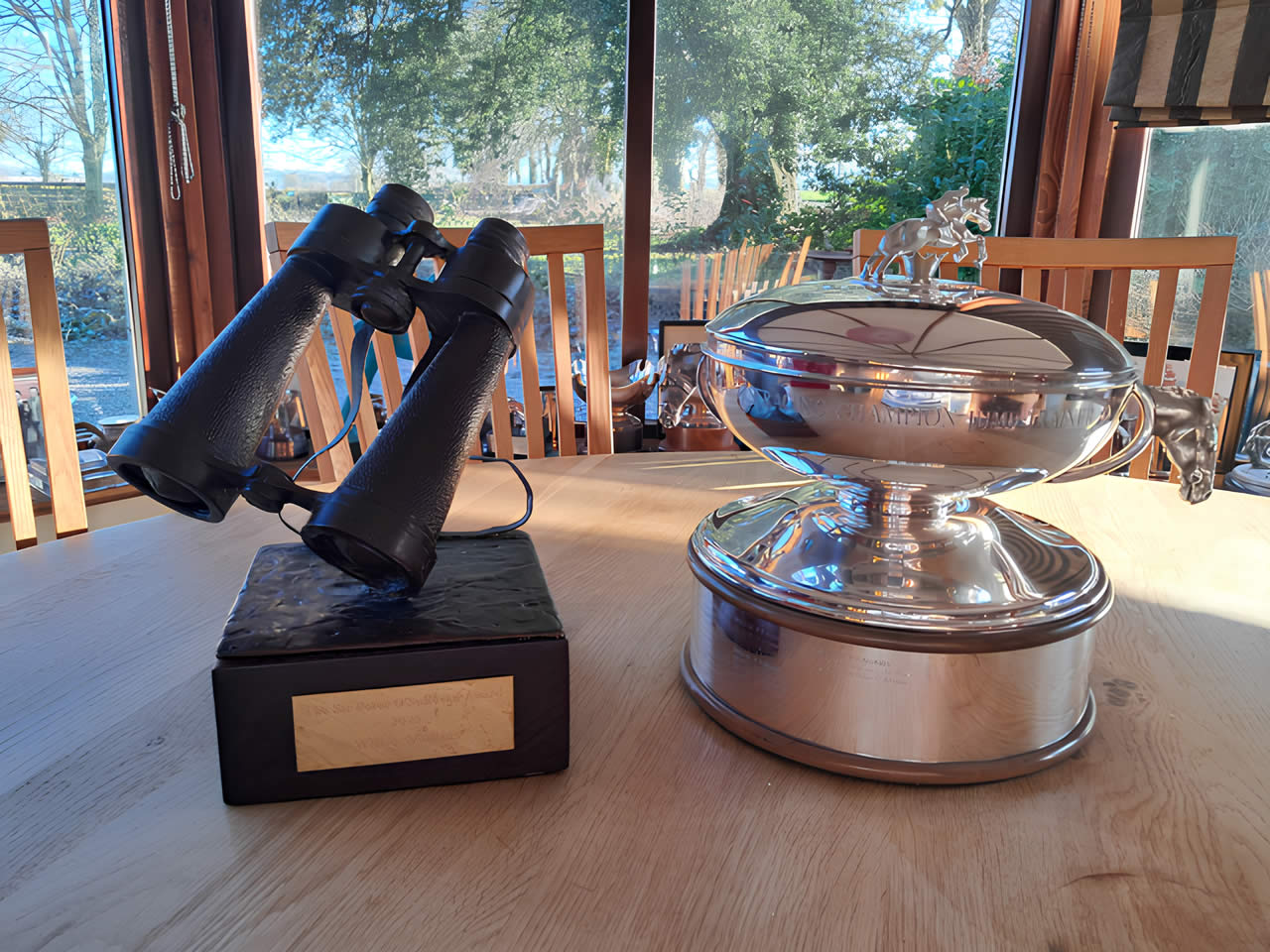 The 2025 UK Champion Trainer Trophy and the 2025 Sir Peter O’Sullevan Award on display in Willie Mullin’s home in Closutton